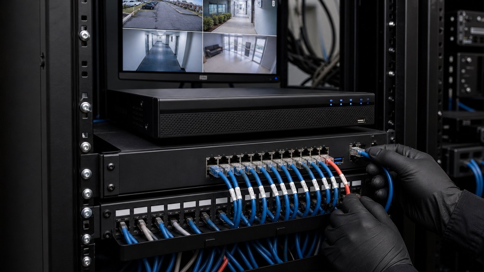 CCTV recorder, network switch and organized structured cabling