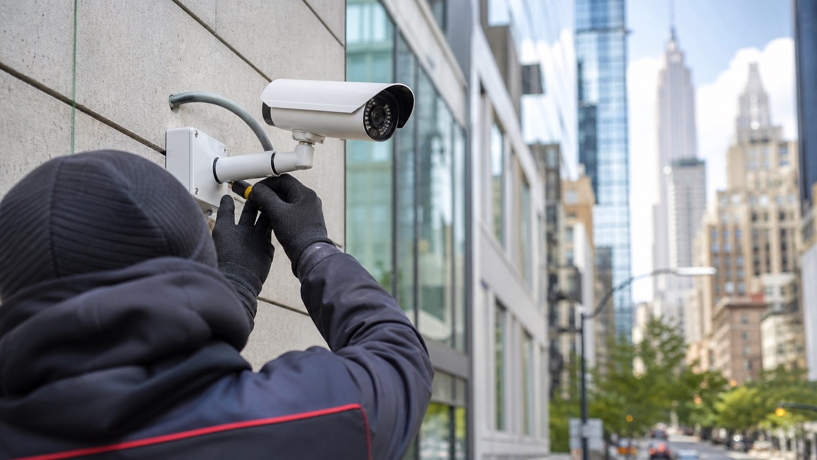 CCTV technician installing a security camera on a New York building